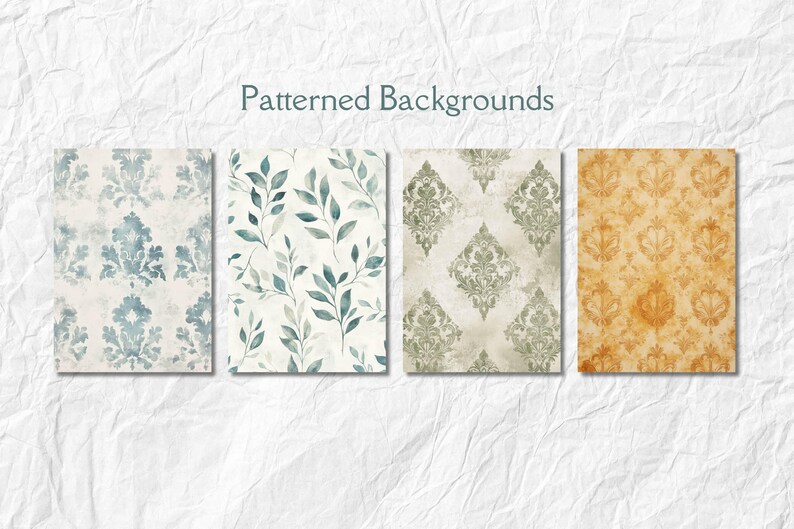 Op de afbeelding: Vier rechthoekige achtergronden met patronen worden getoond. De patronen omvatten damast- en botanische ontwerpen in tinten blauw, groen en goud. De tekst "Patterned Backgrounds" staat bovenaan.