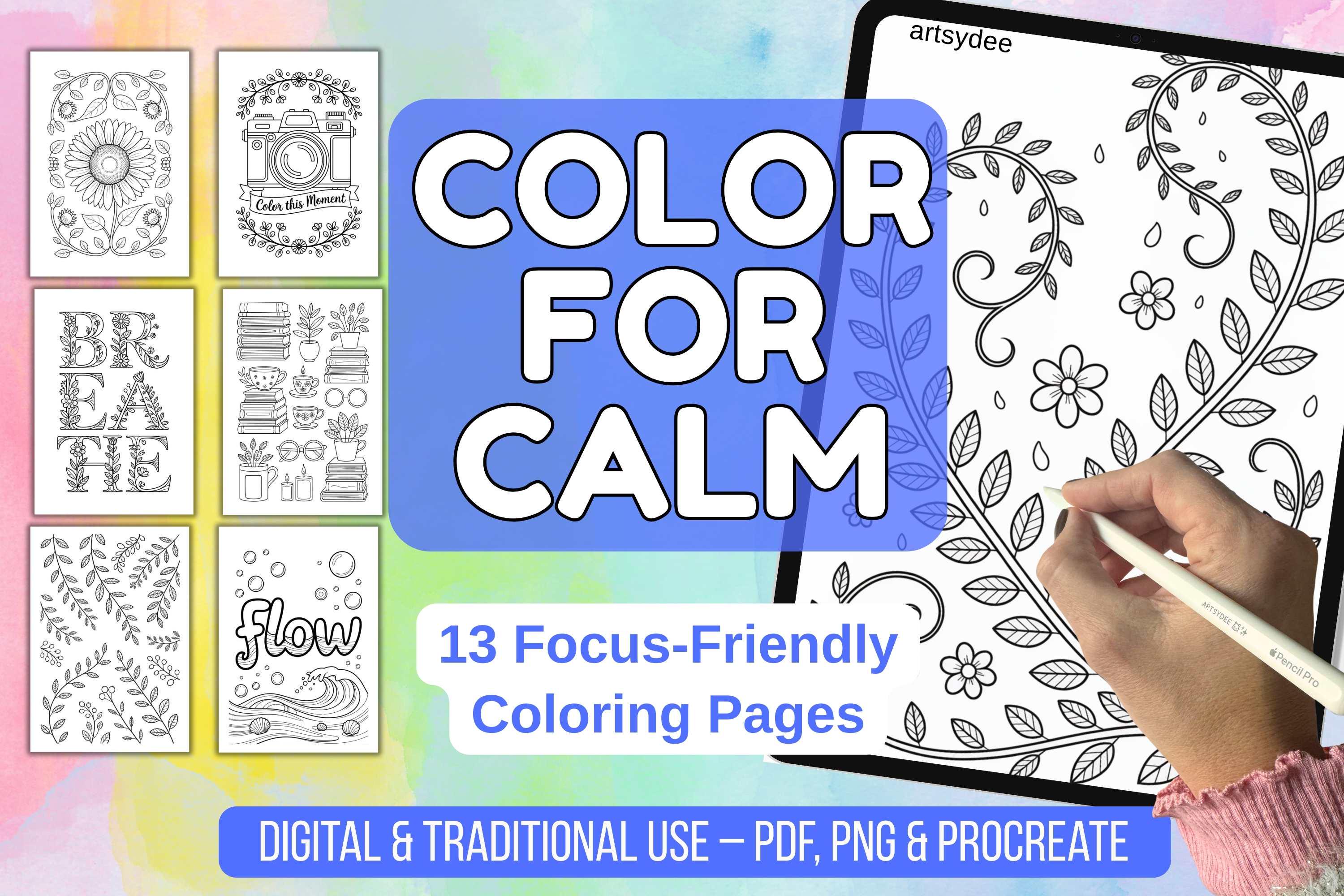 Color for Calm: 13 páginas de colorear conscientes y aptas para TDAH para adultos (PDF, Procreate, PNG)
