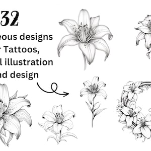 Pode incluir: 32 designs magn&iacute;ficos para tatuagens, ilustra&ccedil;&atilde;o digital e design. Um conjunto de desenhos em preto e branco de l&iacute;rios em diferentes arranjos.