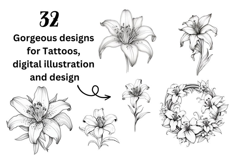 Pode incluir: 32 designs magn&iacute;ficos para tatuagens, ilustra&ccedil;&atilde;o digital e design. Um conjunto de desenhos em preto e branco de l&iacute;rios em diferentes arranjos.