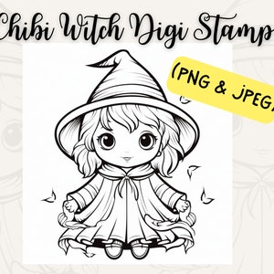 Chibi Digi Stamp, Chibi Witch, Halloween Chibi, Halloween Digi Stamp, Digi Stamps, Digital Stamps, Chibi Stamps, Coloring Page, Card Making,