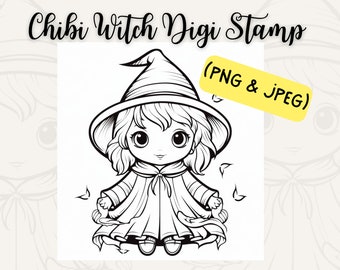 Chibi Digi Stamp, Chibi Witch, Halloween Chibi, Halloween Digi Stamp, Digi Stamps, Digital Stamps, Chibi Stamps, Coloring Page, Card Making,