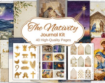 Puede incluir: Un kit de diario con ilustraciones en acuarela de la escena de la Natividad. El kit incluye 40 páginas de alta calidad, junto con elementos decorativos como etiquetas y pegatinas. La paleta de colores es suave, con azules, dorados y tonos tierra.