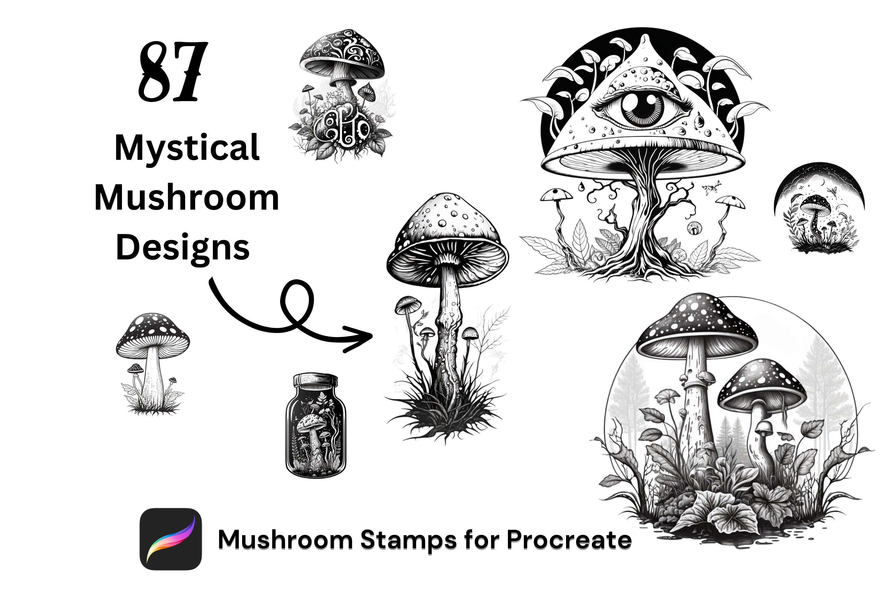 87 Mushroom Stamps for Procreate, Mushroom Stamp, Procreate Tattoo ...