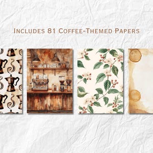 May include: A collection of four coffee-themed papers. One features a pattern of coffee pots and swirls, another depicts a coffee shop interior, a third showcases coffee plant branches, and the last has coffee stain designs. The text reads: INCLUDES 81 COFFEE-THEMED PAPERS.