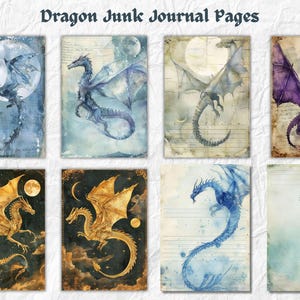 May include: Eight printable journal pages featuring watercolor illustrations of dragons in various poses and colors. The pages have a vintage aesthetic with faded backgrounds and textured paper.