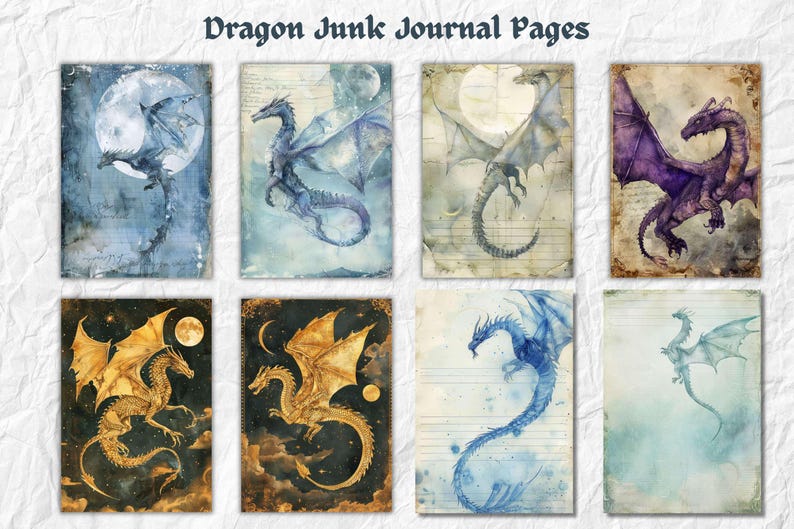 May include: Eight printable journal pages featuring watercolor illustrations of dragons in various poses and colors. The pages have a vintage aesthetic with faded backgrounds and textured paper.