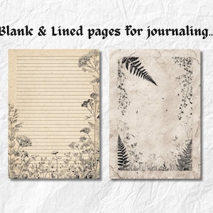 K&ouml;nnte beinhalten: Zwei Journalseiten mit botanischen Illustrationen. Eine Seite hat liniertes Papier, die andere ist leer. Beide Seiten haben Blumen- und Farnmotive in Schwarz und Wei&szlig;. Der Text "Blank & Lined pages for journaling..." steht oben.
