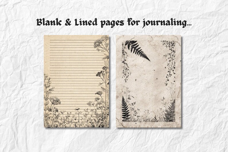 K&ouml;nnte beinhalten: Zwei Journalseiten mit botanischen Illustrationen. Eine Seite hat liniertes Papier, die andere ist leer. Beide Seiten haben Blumen- und Farnmotive in Schwarz und Wei&szlig;. Der Text "Blank & Lined pages for journaling..." steht oben.