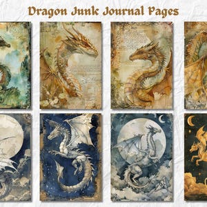 May include: Eight digital printable journal pages featuring watercolor illustrations of dragons in various poses and settings. The pages include a dragon with green scales in a forest setting, a dragon with gold scales in a parchment background, a dragon with gold scales in a parchment background, a dragon with gold scales in a parchment background, a dragon with white scales in a moonlit sky, a dragon with white scales in a moonlit sky, a dragon with white scales in a moonlit sky, and a dragon with gold scales in a starry sky.