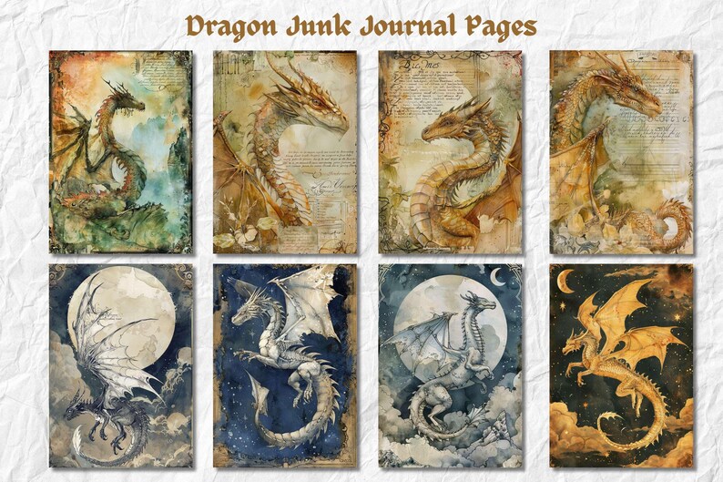 May include: Eight digital printable journal pages featuring watercolor illustrations of dragons in various poses and settings. The pages include a dragon with green scales in a forest setting, a dragon with gold scales in a parchment background, a dragon with gold scales in a parchment background, a dragon with gold scales in a parchment background, a dragon with white scales in a moonlit sky, a dragon with white scales in a moonlit sky, a dragon with white scales in a moonlit sky, and a dragon with gold scales in a starry sky.