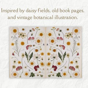 K&ouml;nnte beinhalten: Ein Vintage-Buch mit gepressten Blumen, darunter G&auml;nsebl&uuml;mchen, rosa und gelbe Blumen sowie gr&uuml;ne Bl&auml;tter. Die Blumen sind symmetrisch auf den Seiten angeordnet.