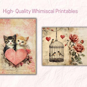 May include: Two kittens, one black and white and one orange and white, are nestled together inside a large pink heart. The background is a vintage-style design with faded pink and white floral patterns.