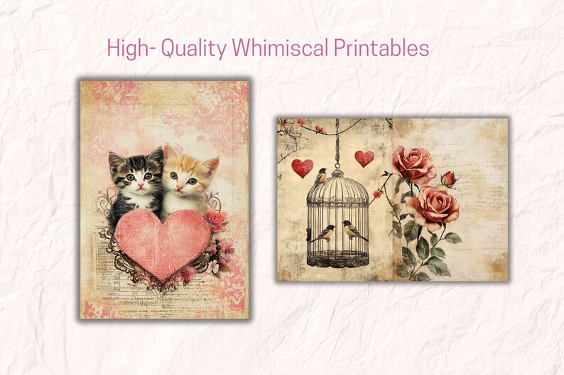 May include: Two kittens, one black and white and one orange and white, are nestled together inside a large pink heart. The background is a vintage-style design with faded pink and white floral patterns.