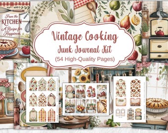 Puede incluir: Un kit de diario basura de cocina vintage con 54 páginas de alta calidad. La imagen presenta ilustraciones de elementos de cocina, como una tarta, manzanas y una estufa. El texto incluye "Vintage Cooking Junk Journal Kit".