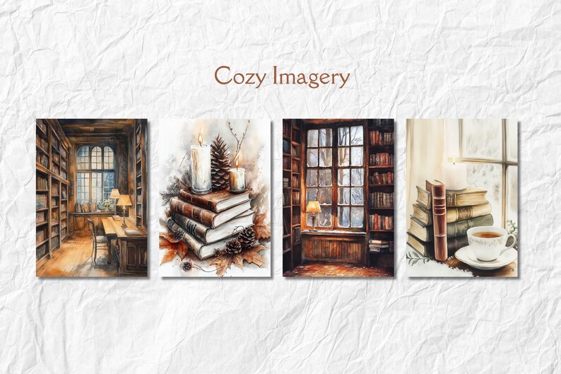 Op de afbeelding: Waterverfkunstafdrukken met gezellige bibliotheeksc&egrave;nes. De afdrukken tonen stapels boeken, brandende kaarsen en een kopje thee, wat een warme, uitnodigende sfeer oproept. De tekst "Cozy Imagery" staat bovenaan.