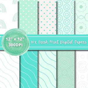 Mint Digital Papers, Fresh Mint Digital Paper Pack, Naadloos digitaal papier, Afdrukbaar Scrapbookingpapier, junk-journaalpapier, groen