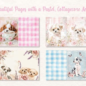 May include: A collage of four images with a pastel, cottagecore aesthetic. The images feature watercolor illustrations of puppies, floral arrangements, and gingham patterns in pink and blue. Text at the top reads "65 Beautiful Pages with a Pastel, Cottagecore Aesthetic."