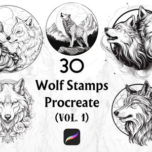 30 Sellos Procreate de Lobo, Tatuaje Procreate, Sellos Procreate, Pinceles Procreate, Lobo Procreate, Tatuaje de Lobo, Sellos de Tatuaje, Flash de Tatuaje,