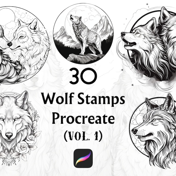 30 Wolf Procreate Stamps, Procreate Tattoo, Procreate Stamps, Procreate Brushes, Procreate Wolf, Wolf Tattoo, Tattoo Stamps, Tattoo Flash,