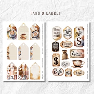 May include: Watercolor-style tags and labels with a coffee theme. The tags feature images of coffee cups, croissants, and coffee beans. The labels include text such as "Fresh Brewed Coffee," "Espresso," and "Cafe."