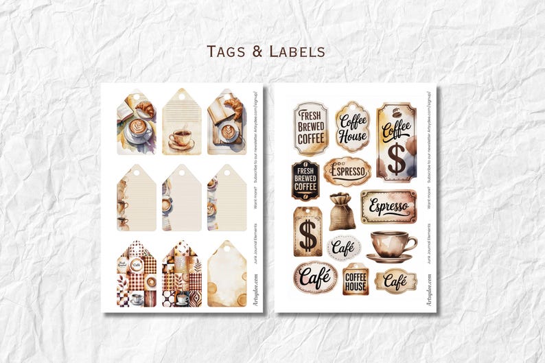 May include: Watercolor-style tags and labels with a coffee theme. The tags feature images of coffee cups, croissants, and coffee beans. The labels include text such as "Fresh Brewed Coffee," "Espresso," and "Cafe."
