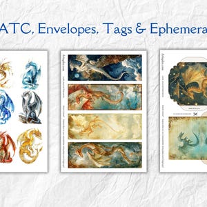 May include: Printable digital paper pack featuring colorful dragon illustrations. The pack includes 12 printable images, including ATC cards, envelopes, tags, and ephemera.