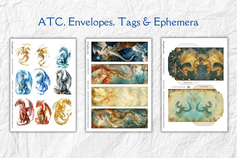 May include: Printable digital paper pack featuring colorful dragon illustrations. The pack includes 12 printable images, including ATC cards, envelopes, tags, and ephemera.