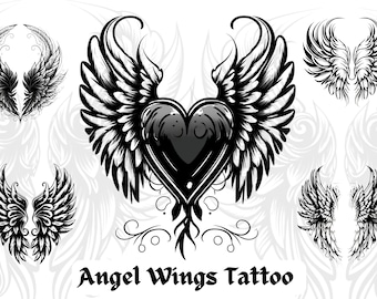30 sellos digitales de alas de ángel para tatuajes, imágenes prediseñadas PNG de alas de ángel, diseños de plantillas para tatuajes para artistas.
