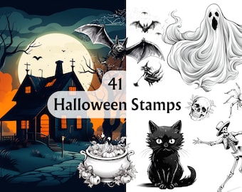 41 Halloween digitale Stempel, Digi Stempel, digitale Stempel, Halloween PNG, Halloween Malseite, Kartenherstellung, Malseite, Scrapbooking