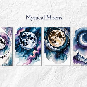 May include: Four watercolor art prints featuring celestial themes. Each print showcases a different moon phase or celestial body against a backdrop of swirling blues, purples, and pinks. The text "Mystical Moons" is at the top.