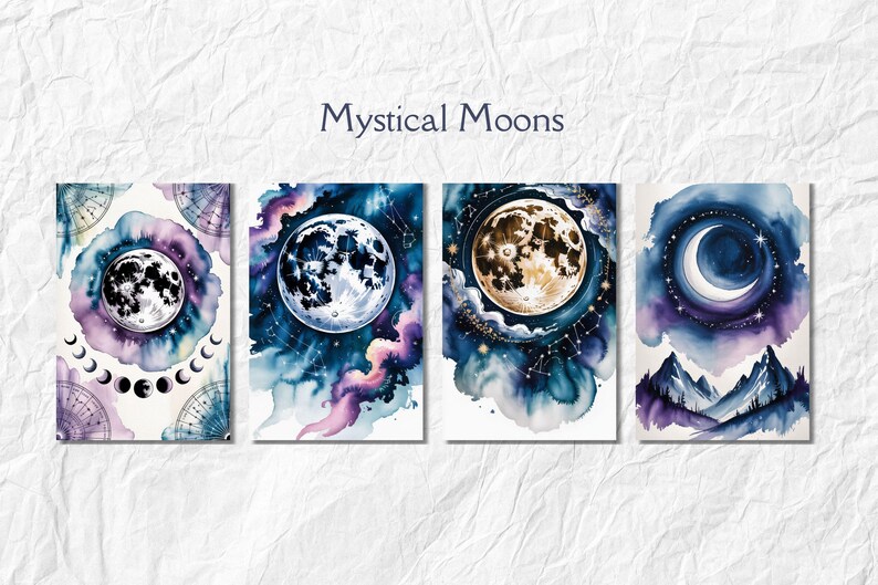 May include: Four watercolor art prints featuring celestial themes. Each print showcases a different moon phase or celestial body against a backdrop of swirling blues, purples, and pinks. The text "Mystical Moons" is at the top.