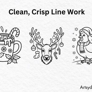 May include: Black and white line art illustrations of Christmas-themed images. Includes a mug of hot chocolate with a candy cane, a reindeer head with ornaments, and a chicken wearing a scarf and Santa hat. Text reads "Clean, Crisp Line Work."