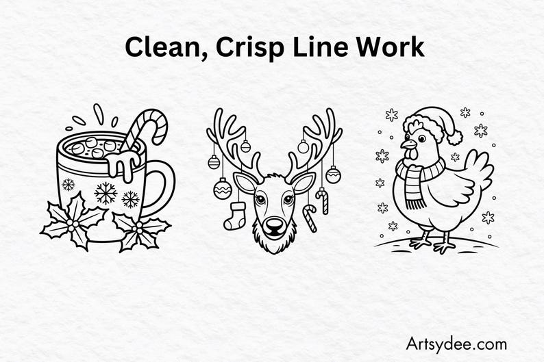 May include: Black and white line art illustrations of Christmas-themed images. Includes a mug of hot chocolate with a candy cane, a reindeer head with ornaments, and a chicken wearing a scarf and Santa hat. Text reads "Clean, Crisp Line Work."