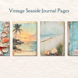 May include: Four vintage journal pages with a seaside theme. The pages feature images of seashells, a beach scene, and a palm tree. The pages are in shades of blue, green, white, and brown.
