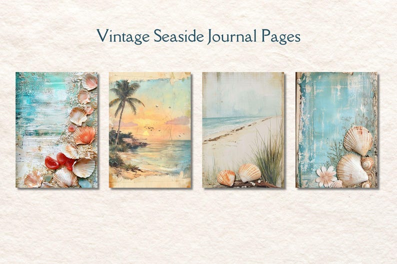 May include: Four vintage journal pages with a seaside theme. The pages feature images of seashells, a beach scene, and a palm tree. The pages are in shades of blue, green, white, and brown.