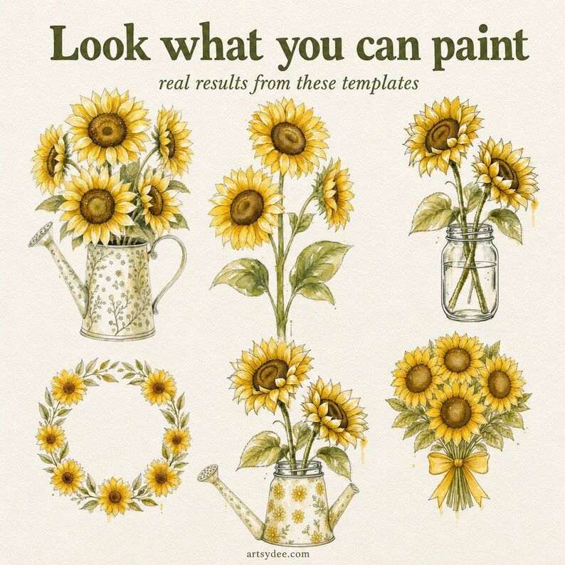 Come dipingere girasoli passo dopo passo / 25 modelli ad acquerello stampabili + video lezione gratuita / Schemi per principianti immagine 2