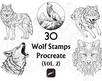 Puede incluir: Un conjunto de 30 sellos de lobo en blanco y negro para Procreate, etiquetado como "30 Wolf Stamps Procreate (VOL. 2)". Los sellos presentan varias poses de lobo, incluyendo aullidos, carreras y un primer plano de la cara de un lobo.