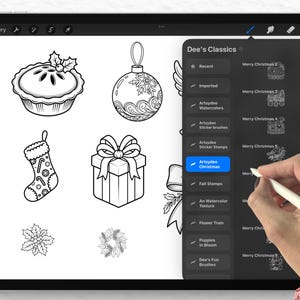 May include: A digital illustration on a tablet screen featuring black and white Christmas-themed drawings, including a pie, ornament, stocking, gift box, and floral designs. The tablet displays the "Dee's Classics" menu.