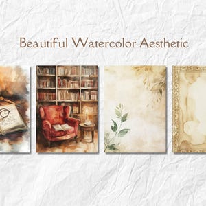 Op de afbeelding: Aquarel kunstafdrukken met een vintage esthetiek. De afdrukken tonen een kaars, een open boek met een bril, een bibliotheeksc&egrave;ne met een rode fauteuil, botanische elementen en een decoratief frame. De tekst "Beautiful Watercolor Aesthetic" staat bovenaan.