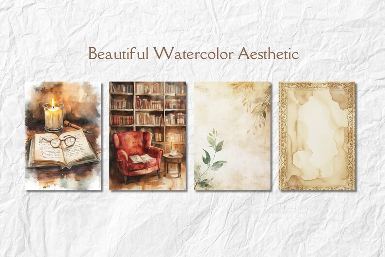 Op de afbeelding: Aquarel kunstafdrukken met een vintage esthetiek. De afdrukken tonen een kaars, een open boek met een bril, een bibliotheeksc&egrave;ne met een rode fauteuil, botanische elementen en een decoratief frame. De tekst "Beautiful Watercolor Aesthetic" staat bovenaan.