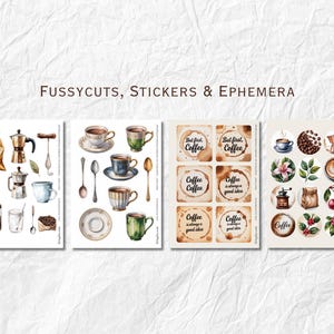 May include: Watercolor illustrations of coffee-themed fussy cuts, stickers, and ephemera. The designs include coffee cups, coffee beans, coffee pots, and coffee stain circles with text that reads "But first, coffee".