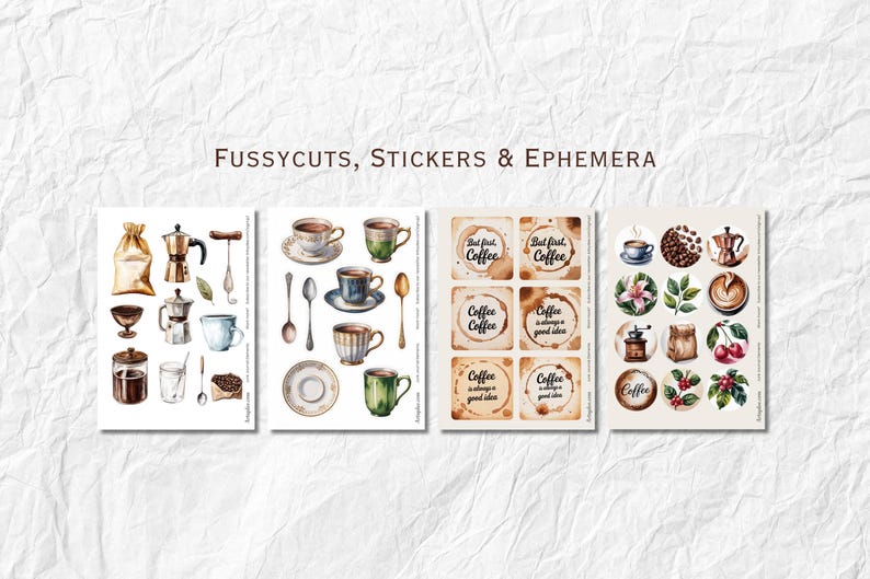 May include: Watercolor illustrations of coffee-themed fussy cuts, stickers, and ephemera. The designs include coffee cups, coffee beans, coffee pots, and coffee stain circles with text that reads "But first, coffee".