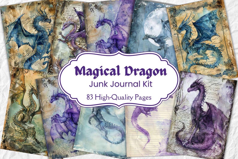 May include: A collage of 83 high-quality pages featuring watercolor illustrations of magical dragons in shades of blue and purple. The pages are perfect for junk journaling and crafting.