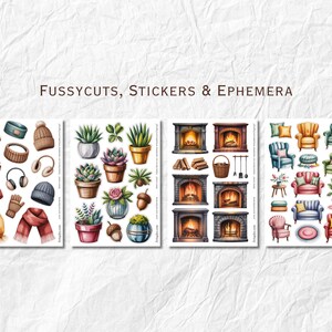 May include: Watercolor illustrations of cozy winter accessories, succulents, fireplaces, and furniture. The image includes hats, scarves, gloves, and headphones. The text "FUSSYCUTS, STICKERS & EPHEMERA" is displayed at the top.