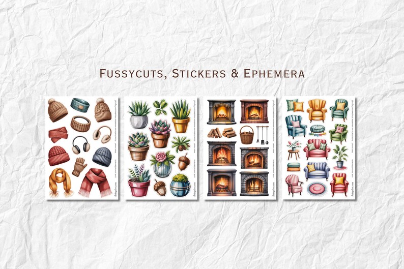 May include: Watercolor illustrations of cozy winter accessories, succulents, fireplaces, and furniture. The image includes hats, scarves, gloves, and headphones. The text "FUSSYCUTS, STICKERS & EPHEMERA" is displayed at the top.
