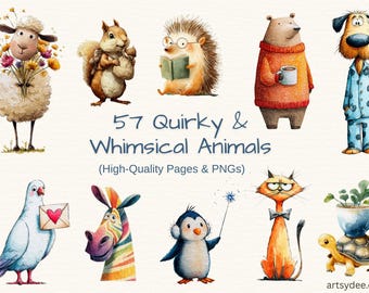 May include: Watercolor illustrations of 57 quirky and whimsical animals, including a sheep with flowers, a squirrel, a hedgehog reading, a bear with a mug, and a dog in pajamas. Text reads "57 Quirky & Whimsical Animals".