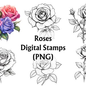 Sellos digitales de rosas, Sello digital de rosas, Sellos digitales, Sellos digitales, Sellos digitales para la creación de tarjetas, Creación de álbumes de recortes, Creación de tarjetas, Rosas PNG, Arte lineal