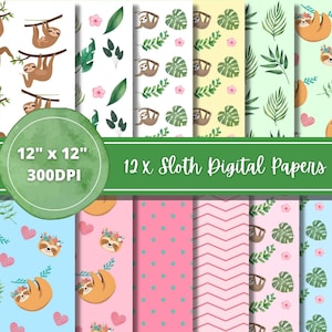 Carta digitale bradipo, download digitale bradipo, carta bradipo carina, carta scrapbooking stampabile, carta da parati bradipo, DOWNLOAD IMMEDIATO