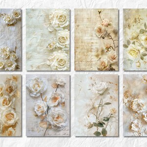 Puede incluir: Conjunto de ocho impresiones de arte imprimibles de estilo vintage con rosas blancas sobre un fondo texturizado. Las impresiones tienen un aspecto desgastado y envejecido y son perfectas para agregar un toque de elegancia a cualquier habitaci&oacute;n.
